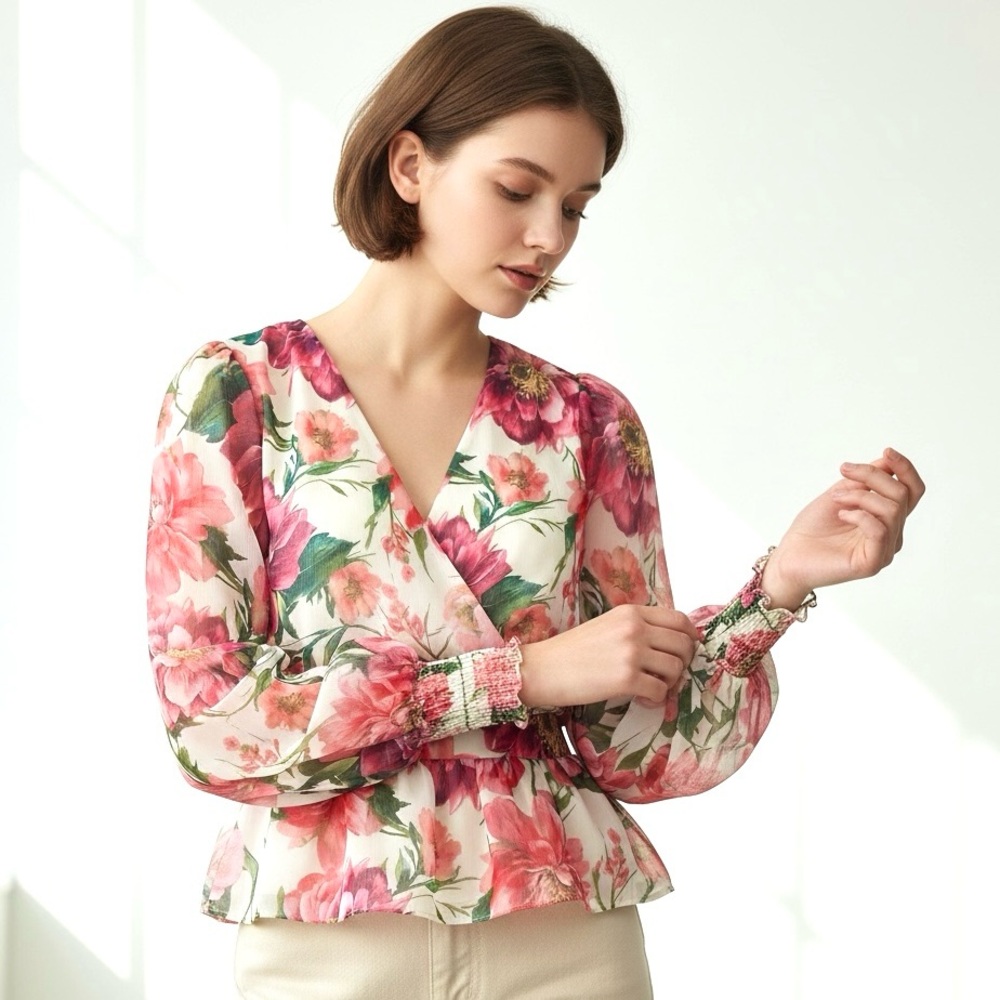 EXPRESS Peplum Faux Wrap Floral Chiffon Blouse V-Neck Long Sleeve Smocked Cuffs